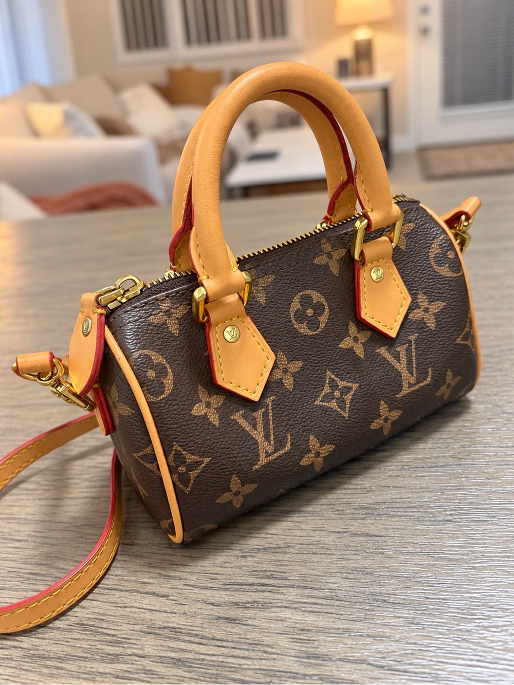 Louis Vuitton Brown Monogram Mini Satchel with Tan Trim and Red Edge